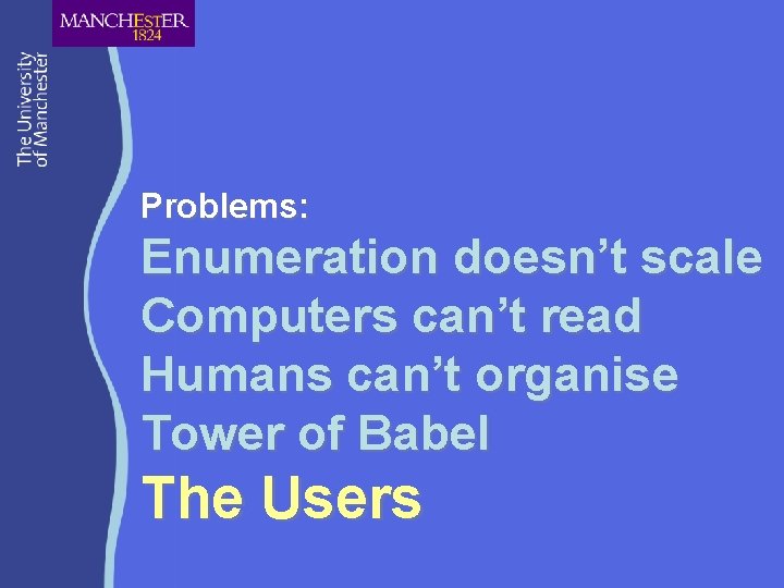 Problems: Enumeration doesn’t scale Computers can’t read Humans can’t organise Tower of Babel The