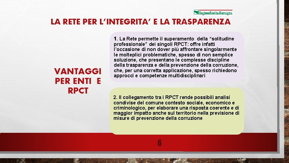 LA RETE PER L’INTEGRITA’ E LA TRASPARENZA 1. La Rete permette il superamento della