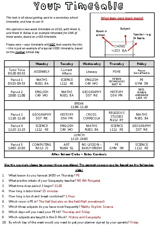 Timetable Secondary Lessons This task is all about getting used to