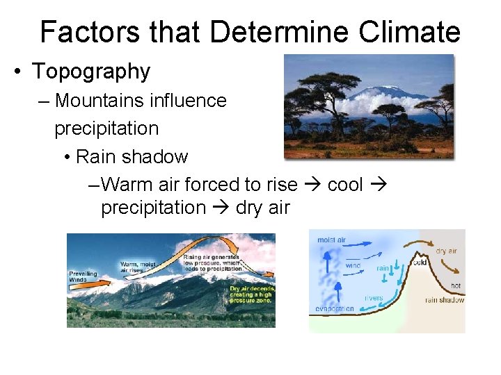Factors that Determine Climate • Topography – Mountains influence precipitation • Rain shadow –