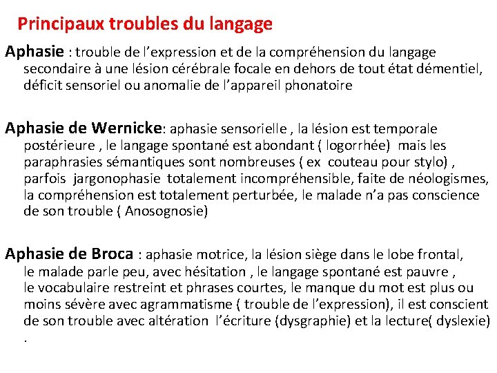 Principaux troubles du langage Aphasie : trouble de l’expression et de la compréhension du