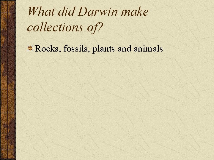 What did Darwin make collections of? Rocks, fossils, plants and animals 
