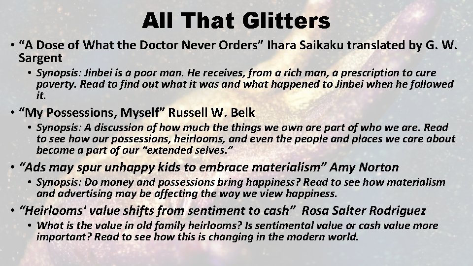 All That Glitters • “A Dose of What the Doctor Never Orders” Ihara Saikaku