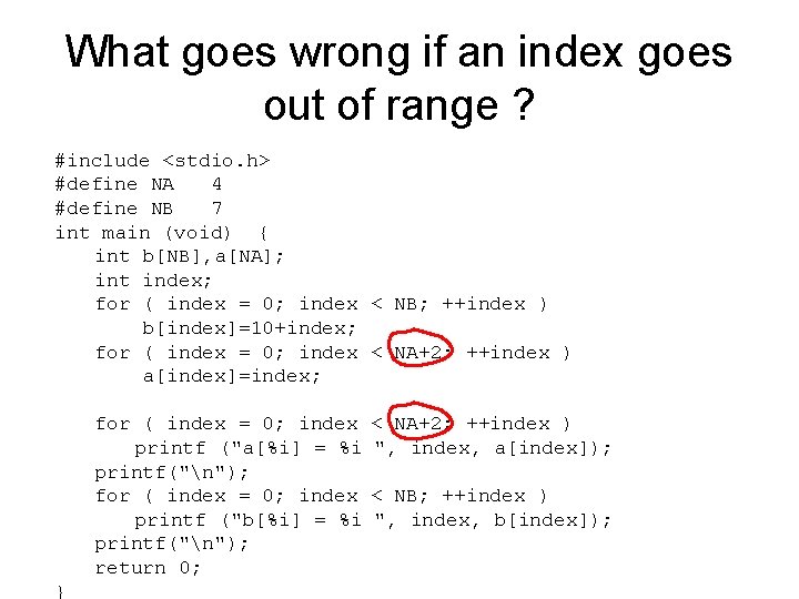What goes wrong if an index goes out of range ? #include <stdio. h>
