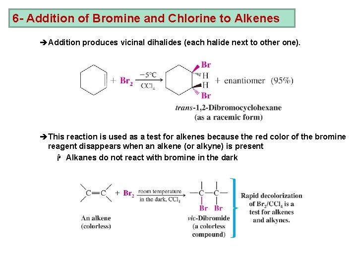 6 - Addition of Bromine and Chlorine to Alkenes èAddition produces vicinal dihalides (each