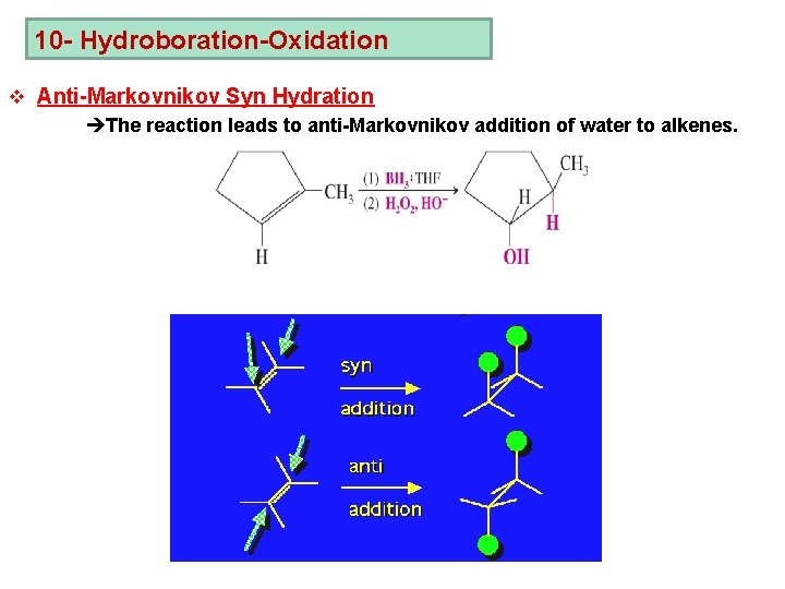 10 - Hydroboration-Oxidation v Anti-Markovnikov Syn Hydration èThe reaction leads to anti-Markovnikov addition of