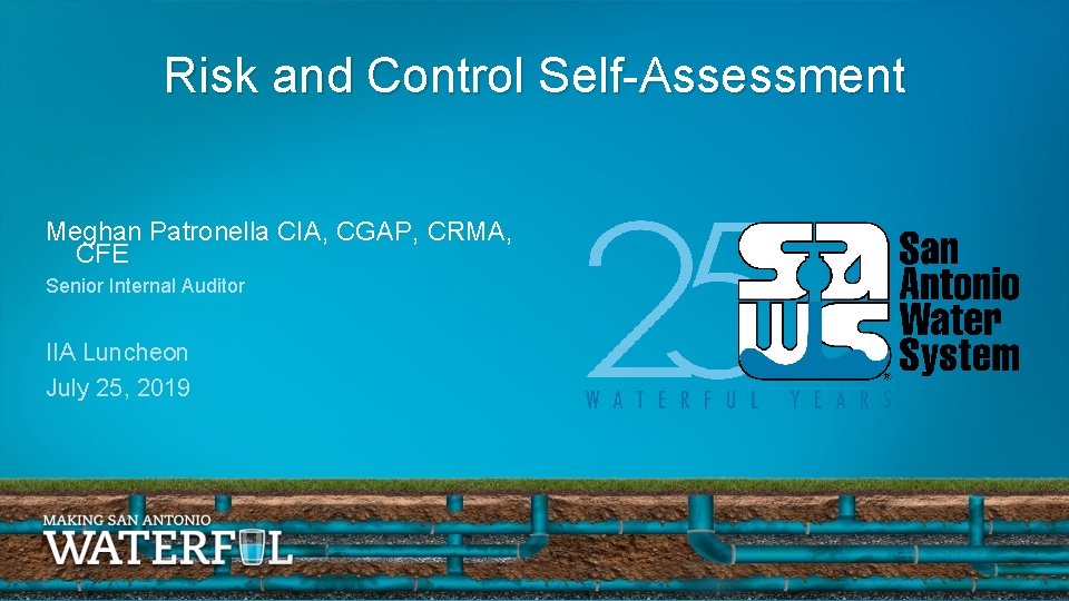 Risk and Control Self-Assessment Meghan Patronella CIA, CGAP, CRMA, CFE Senior Internal Auditor IIA