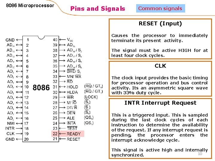 8086 Microprocessor Pins and Signals Common signals RESET (Input) Causes the processor to immediately