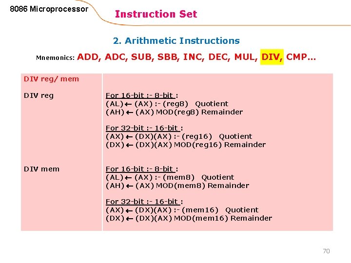 8086 Microprocessor Instruction Set 2. Arithmetic Instructions Mnemonics: ADD, ADC, SUB, SBB, INC, DEC,