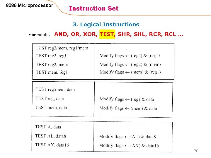 8086 Microprocessor Instruction Set 3. Logical Instructions Mnemonics: AND, OR, XOR, TEST, SHR, SHL,