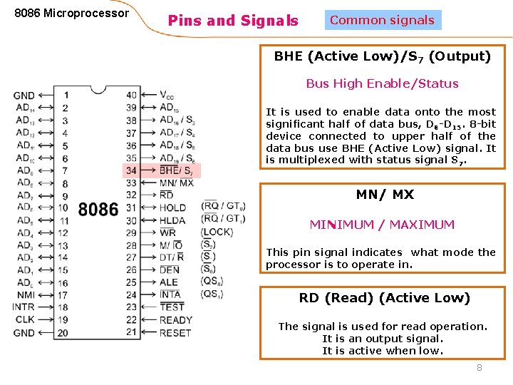 8086 Microprocessor Pins and Signals Common signals BHE (Active Low)/S 7 (Output) Bus High