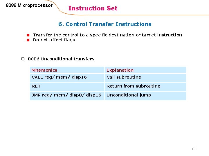 8086 Microprocessor Instruction Set 6. Control Transfer Instructions Transfer the control to a specific