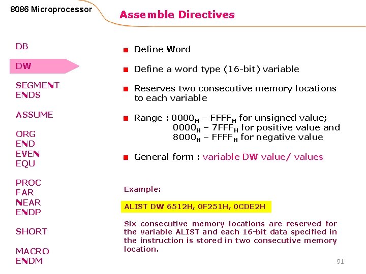 8086 Microprocessor Assemble Directives DB Define Word DW Define a word type (16 -bit)