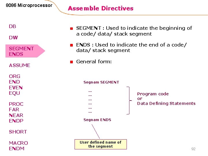 8086 Microprocessor DB DW SEGMENT ENDS ASSUME ORG END EVEN EQU PROC FAR NEAR