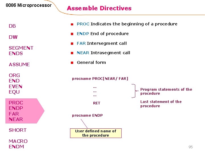 8086 Microprocessor DB DW SEGMENT ENDS ASSUME ORG END EVEN EQU PROC ENDP FAR