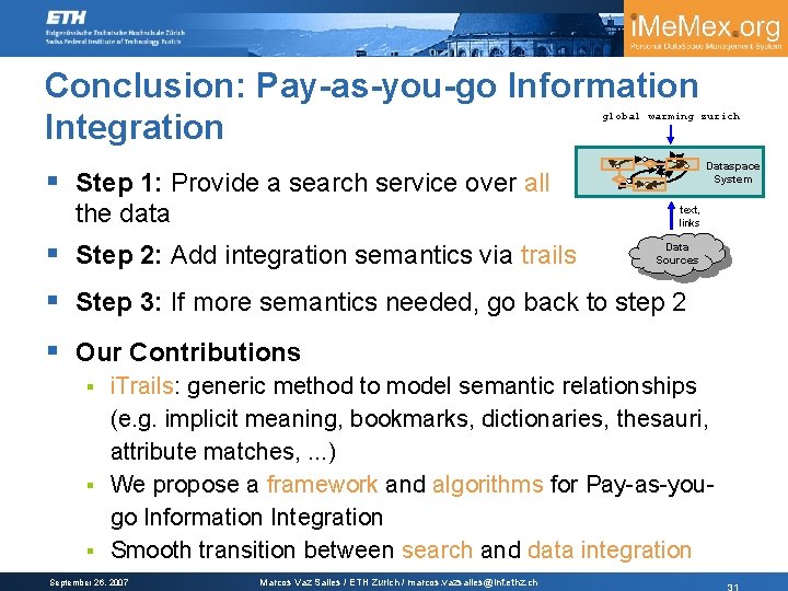 Conclusion: Pay-as-you-go Information Integration global warming zurich Dataspace System § Step 1: Provide a