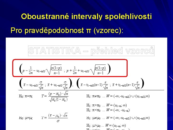 Oboustranné intervaly spolehlivosti Pro pravděpodobnost π (vzorec): 