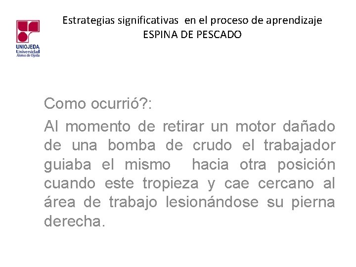 Estrategias significativas en el proceso de aprendizaje ESPINA DE PESCADO Como ocurrió? : Al