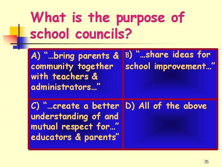 What is the purpose of school councils? A) “…bring parents & B) “…share ideas