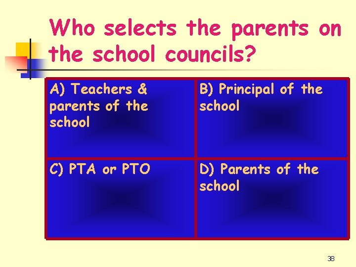 Who selects the parents on the school councils? A) Teachers & parents of the