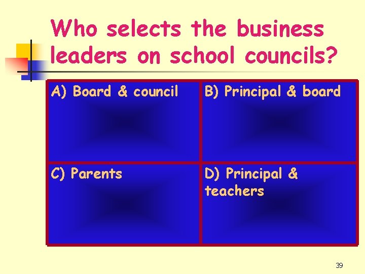 Who selects the business leaders on school councils? A) Board & council B) Principal