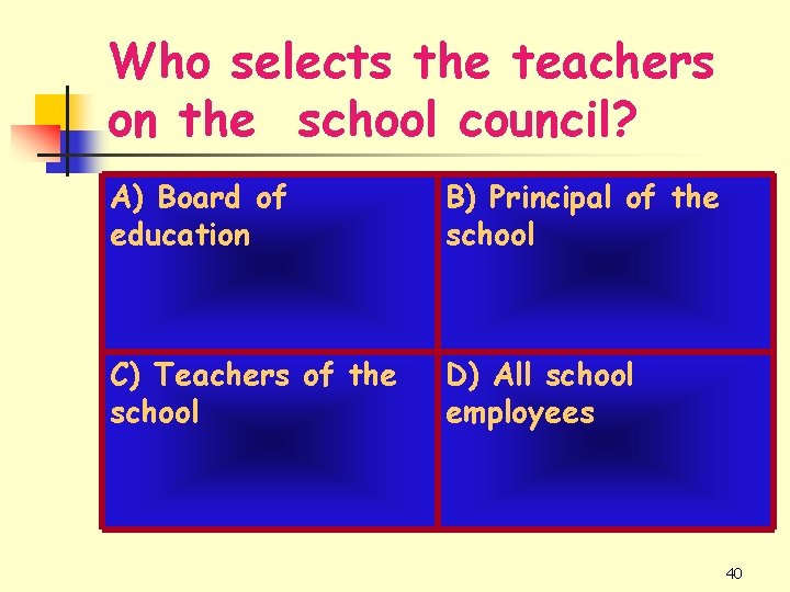 Who selects the teachers on the school council? A) Board of education B) Principal