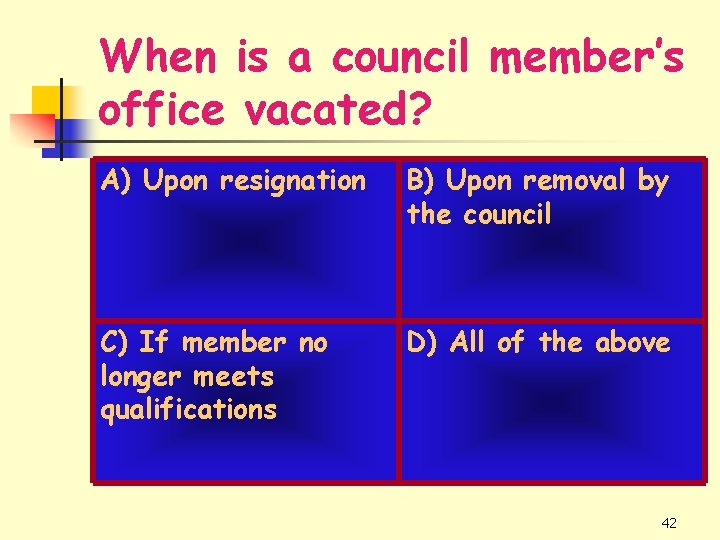 When is a council member’s office vacated? A) Upon resignation B) Upon removal by