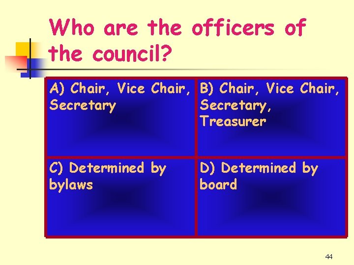 Who are the officers of the council? A) Chair, Vice Chair, B) Chair, Vice
