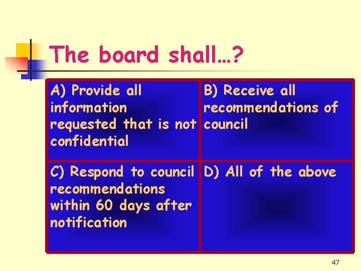 The board shall…? A) Provide all B) Receive all information recommendations of requested that