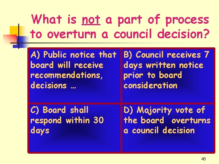 What is not a part of process to overturn a council decision? A) Public