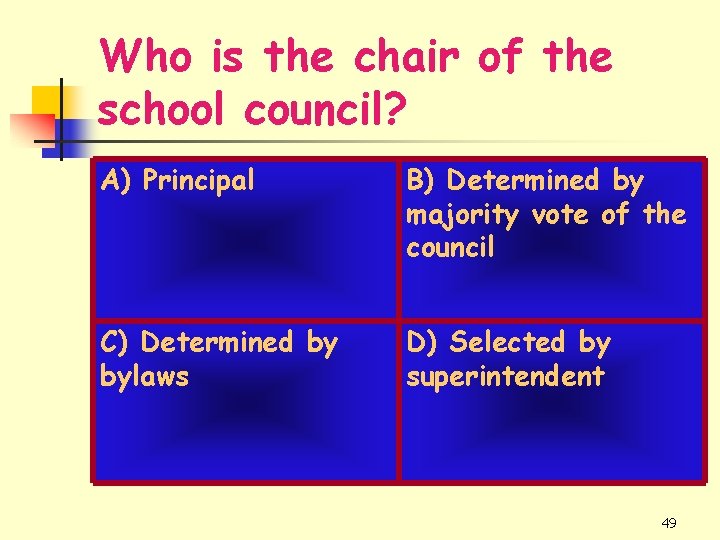 Who is the chair of the school council? A) Principal B) Determined by majority