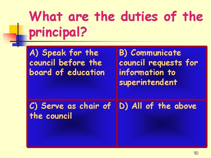 What are the duties of the principal? A) Speak for the council before the