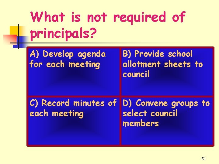 What is not required of principals? A) Develop agenda for each meeting B) Provide