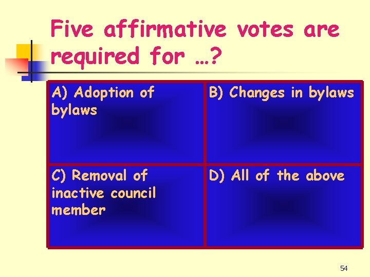 Five affirmative votes are required for …? A) Adoption of bylaws B) Changes in