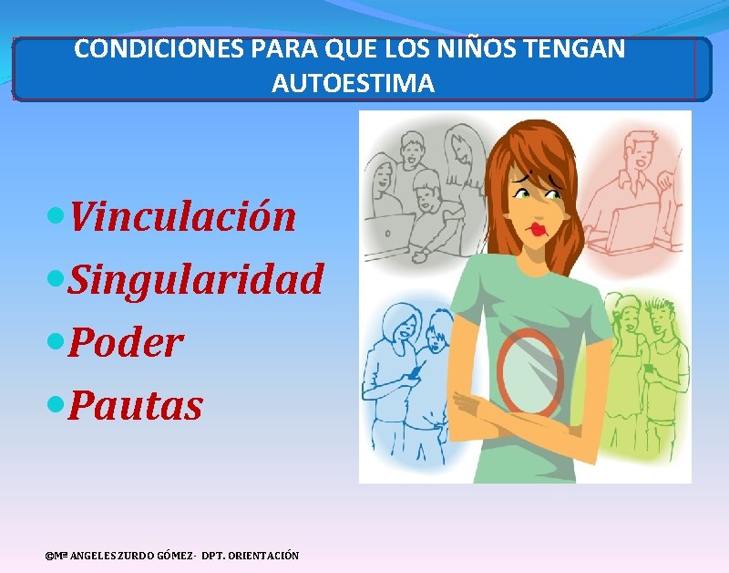 CONDICIONES PARA QUE LOS NIÑOS TENGAN AUTOESTIMA Vinculación Singularidad Poder Pautas ©Mª ANGELES ZURDO