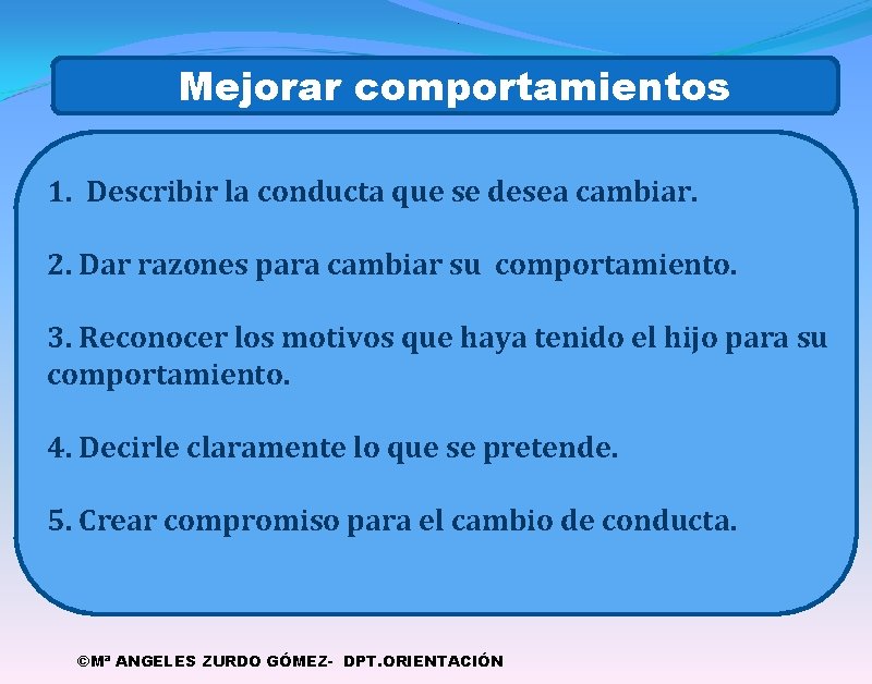 . Mejorar comportamientos 1. Describir la conducta que se desea cambiar. 2. Dar razones