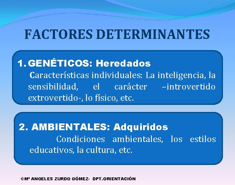 . . FACTORES DETERMINANTES 1. GENÉTICOS: Heredados Características individuales: La inteligencia, la sensibilidad, el