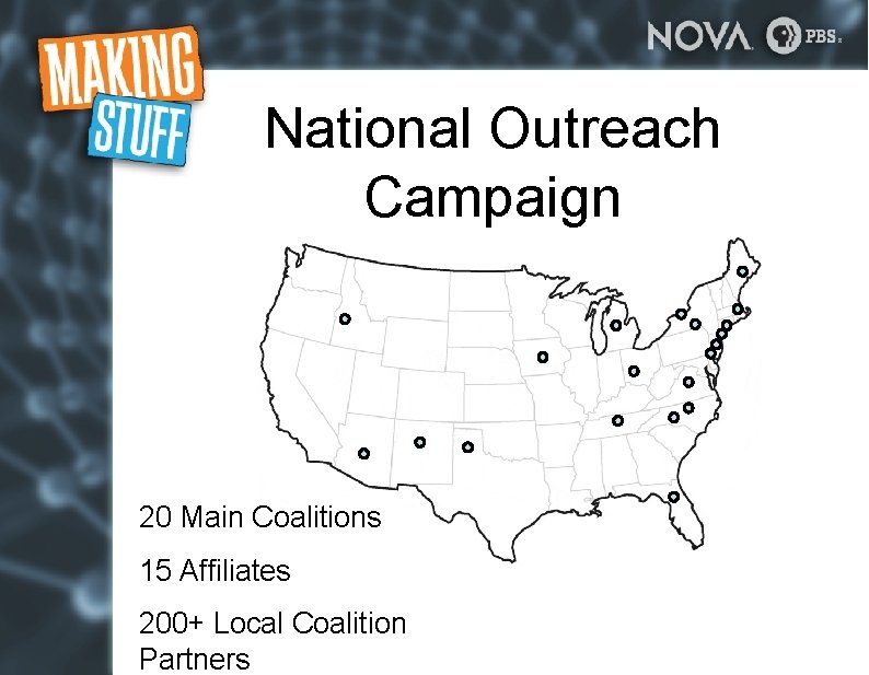National Outreach Campaign 20 Main Coalitions 15 Affiliates 200+ Local Coalition Partners National Outreach Campaign 20 Main Coalitions 15 Affiliates 200+ Local Coalition Partners