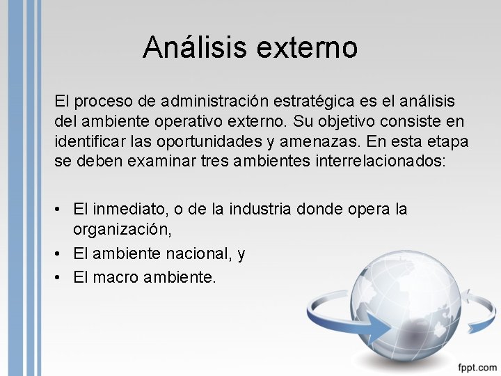 Análisis externo El proceso de administración estratégica es el análisis del ambiente operativo externo.