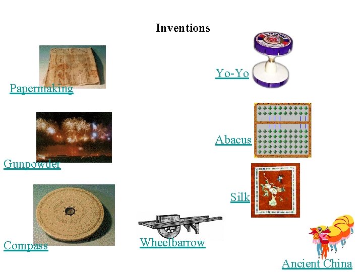 Inventions Yo-Yo Papermaking Abacus Gunpowder Silk Compass Wheelbarrow Ancient China 