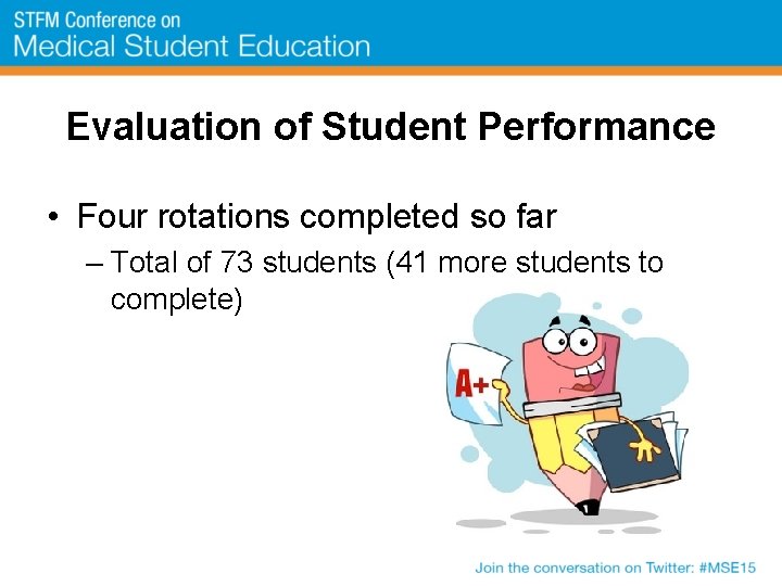 Evaluation of Student Performance • Four rotations completed so far – Total of 73