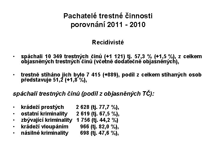 Pachatelé trestné činnosti porovnání 2011 - 2010 Recidivisté • spáchali 10 349 trestných činů