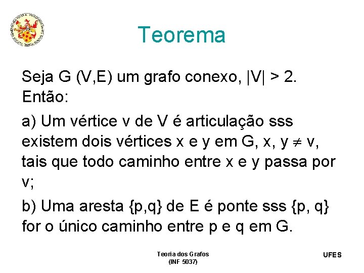 Teorema Seja G (V, E) um grafo conexo, |V| > 2. Então: a) Um