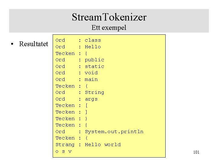 Stream. Tokenizer Ett exempel • Resultatet Ord Ord Tecken Tecken Ord Tecken Sträng o