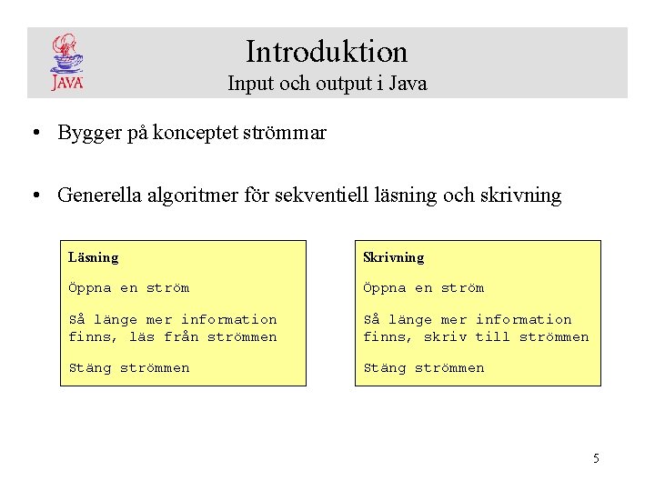 Introduktion Input och output i Java • Bygger på konceptet strömmar • Generella algoritmer