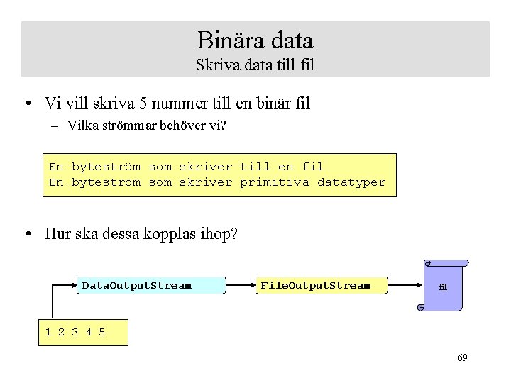 Binära data Skriva data till fil • Vi vill skriva 5 nummer till en