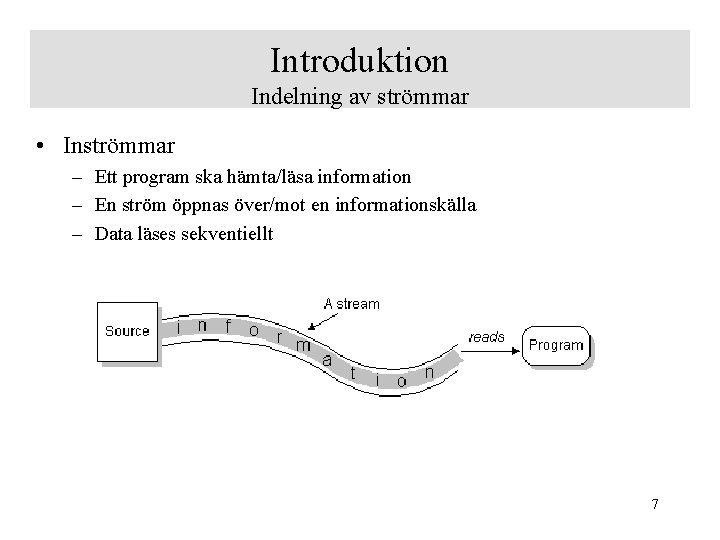 Introduktion Indelning av strömmar • Inströmmar – Ett program ska hämta/läsa information – En