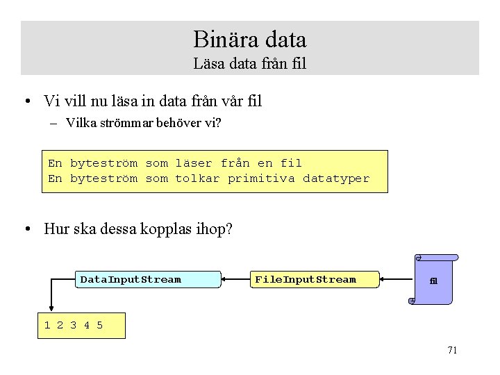 Binära data Läsa data från fil • Vi vill nu läsa in data från