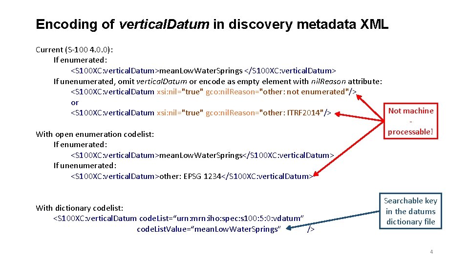 Encoding of vertical. Datum in discovery metadata XML Current (S-100 4. 0. 0): If