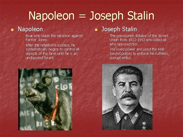 Napoleon = Joseph Stalin n Napoleon n n Boar who leads the rebellion against Napoleon = Joseph Stalin n Napoleon n n Boar who leads the rebellion against